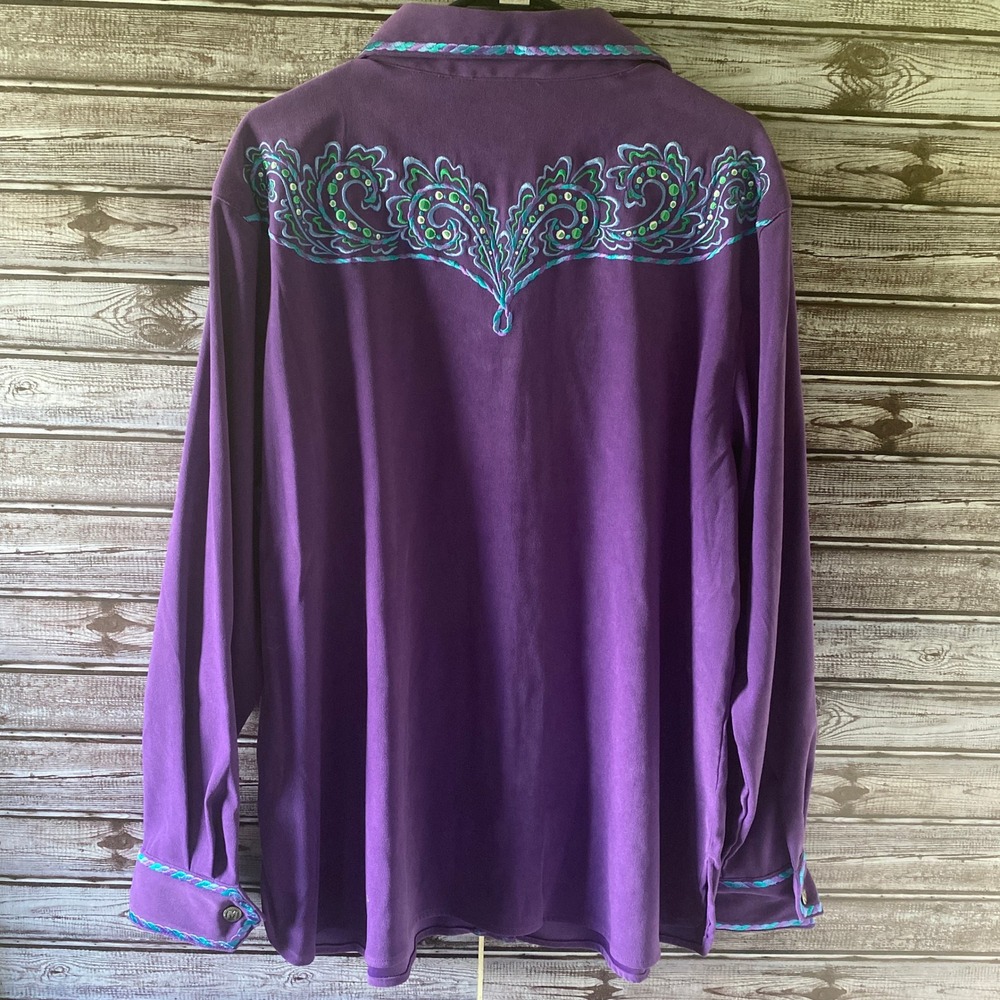 Bob Mackie Women's Long-Sleeved Button-Down Top Size XL Faux-Suede Embroidered - Picture 2 of 7